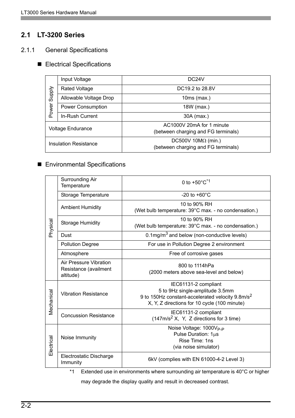 1 lt-3200 series, 1 general specifications, 1 lt-3200 series -2 | 1 general specifications -2 | Proface LT3300 - 5.7 All-in-One HMI" User Manual | Page 29 / 93