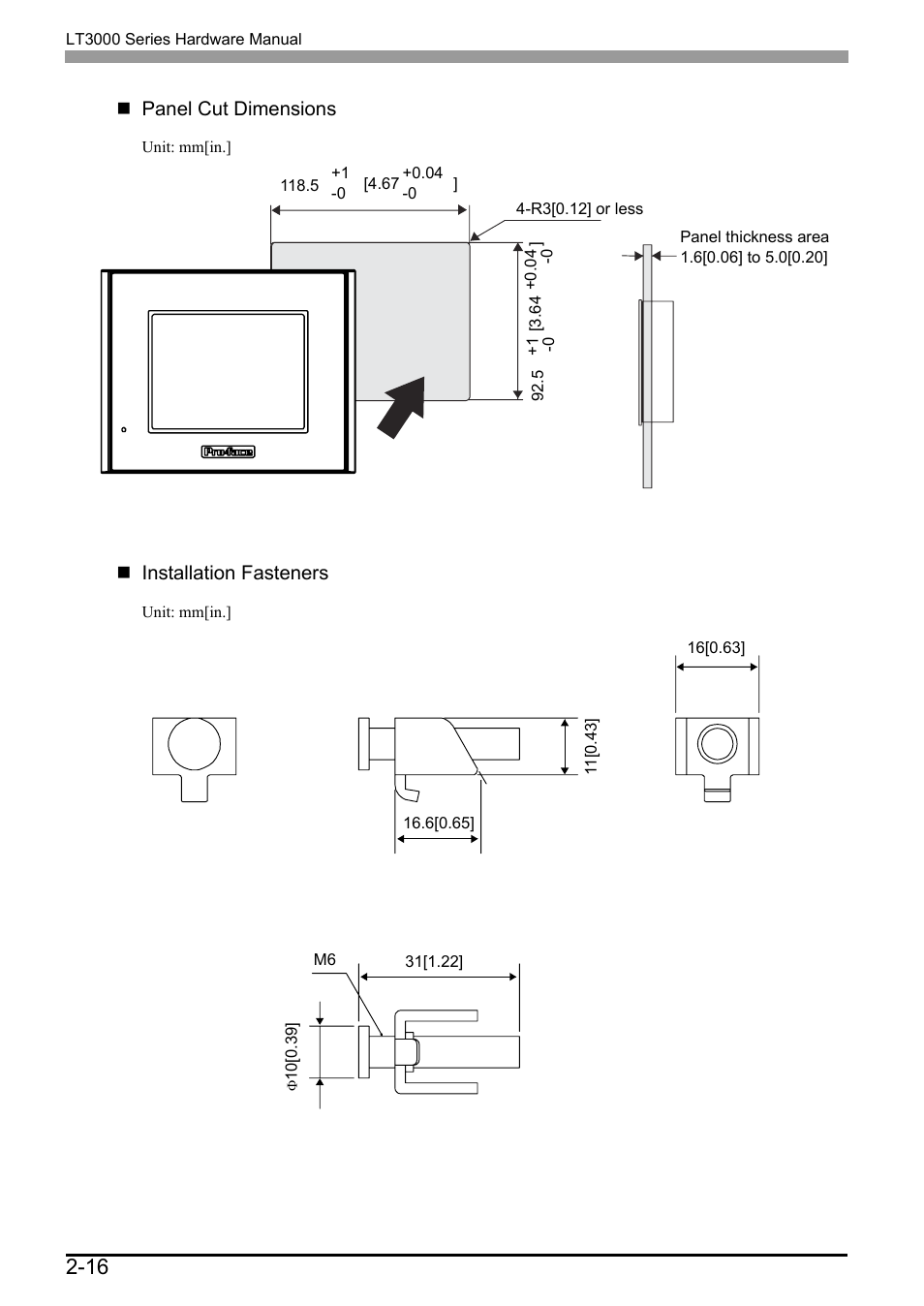 Panel cut dimensions, Installation fasteners | Proface LT3300 - 5.7 All-in-One HMI" User Manual | Page 43 / 93