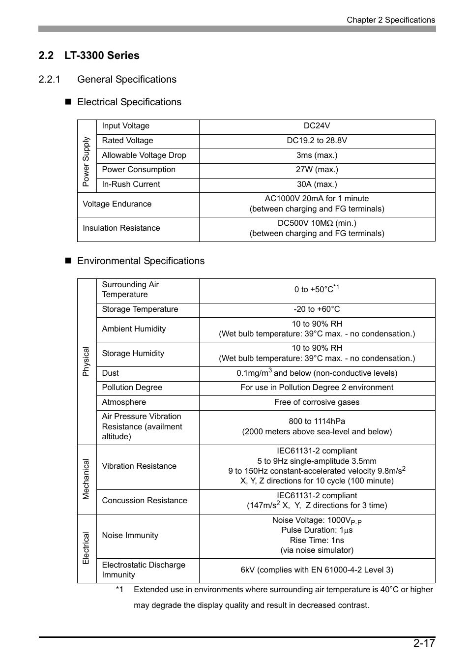 2 lt-3300 series, 1 general specifications, 2 lt-3300 series -17 | 1 general specifications -17 | Proface LT3300 - 5.7 All-in-One HMI" User Manual | Page 44 / 93