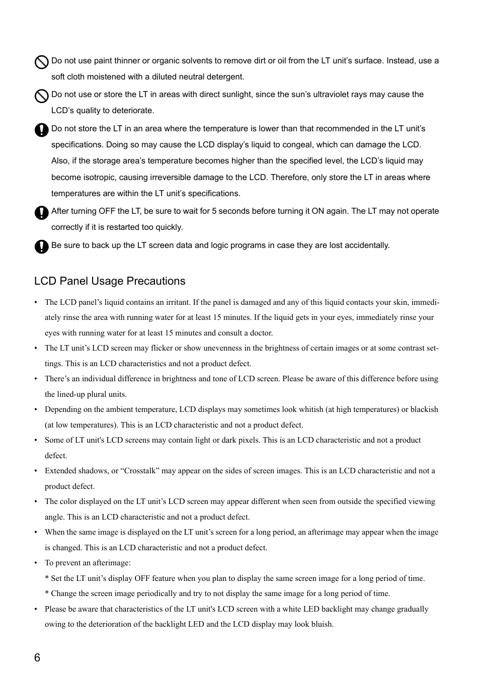 6lcd panel usage precautions | Proface LT3300 - 5.7 All-in-One HMI" User Manual | Page 7 / 93