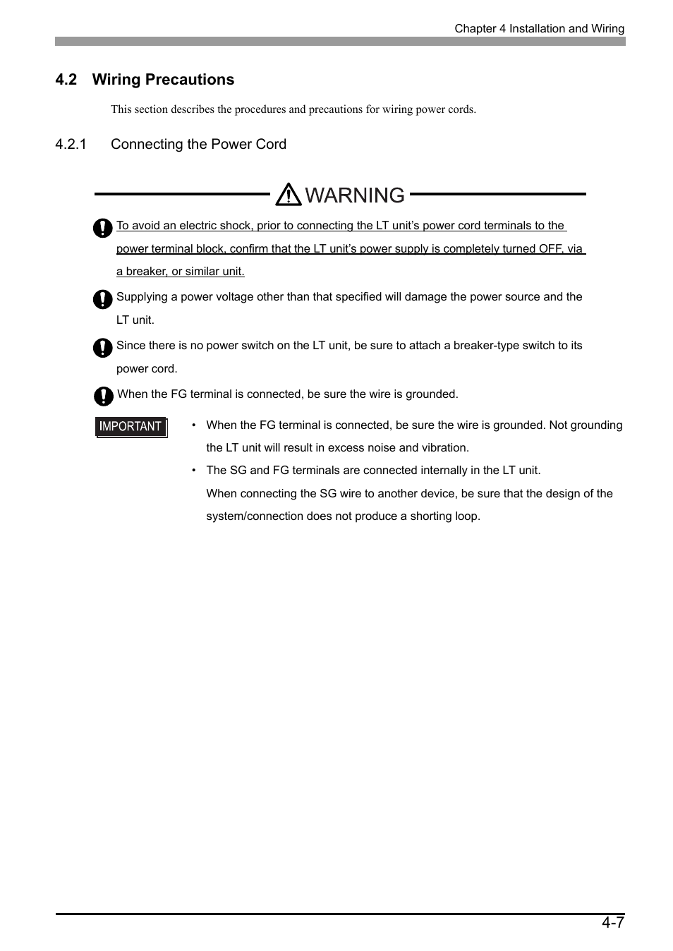 2 wiring precautions, 1 connecting the power cord, 2 wiring precautions -7 | 1 connecting the power cord -7, 7 4.2 wiring precautions | Proface LT3300 - 5.7 All-in-One HMI" User Manual | Page 74 / 93