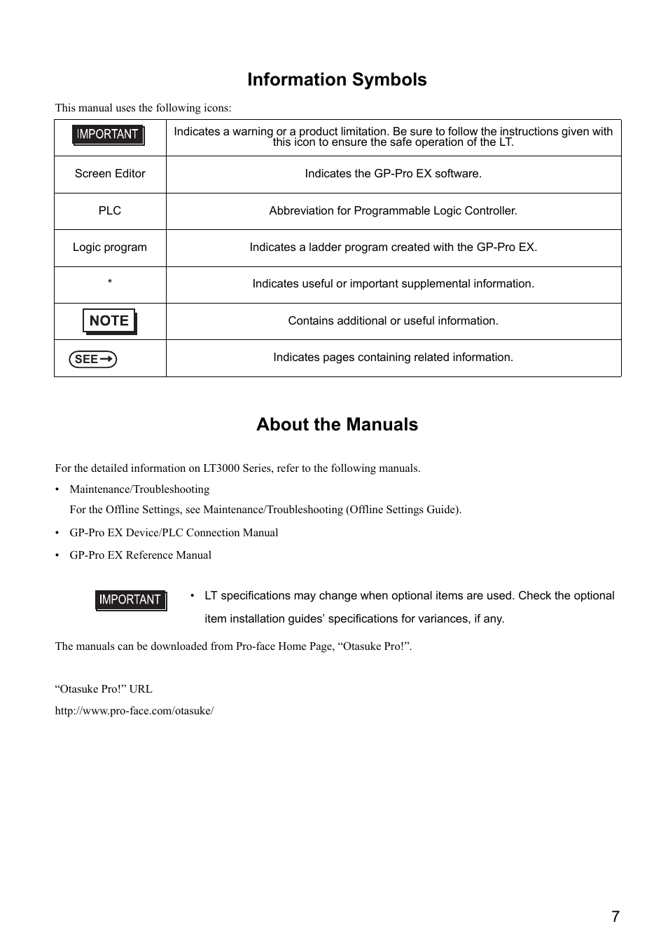 Information symbols, About the manuals | Proface LT3300 - 5.7 All-in-One HMI" User Manual | Page 8 / 93