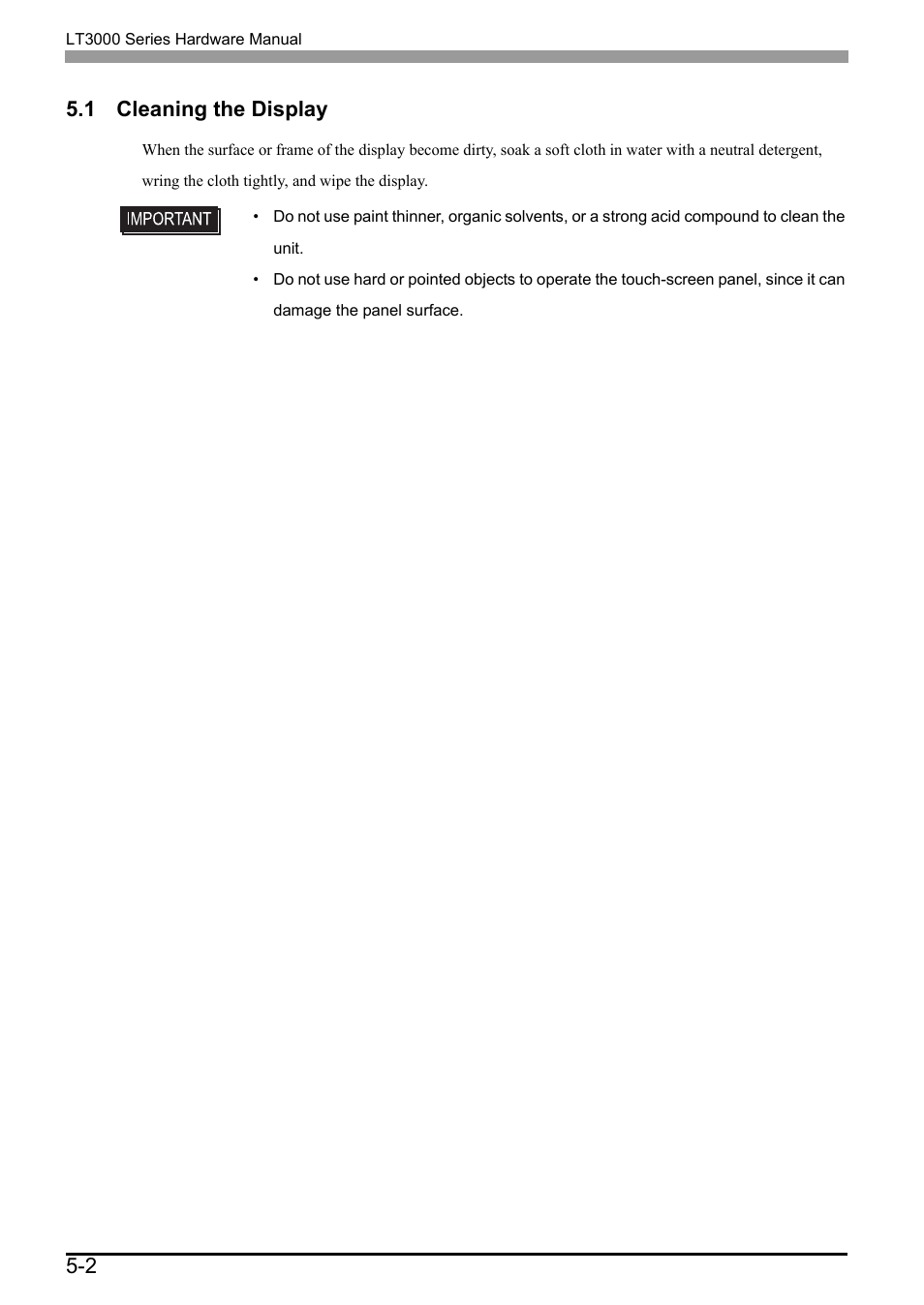 1 cleaning the display, 1 cleaning the display -2, Cleaning the display | 2 5.1 cleaning the display | Proface LT3300 - 5.7 All-in-One HMI" User Manual | Page 89 / 93