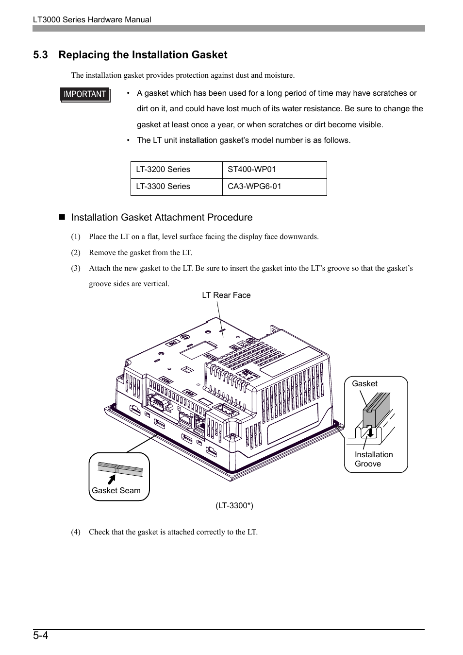3 replacing the installation gasket, 3 replacing the installation gasket -4, Replacing the installation gasket | 4 5.3 replacing the installation gasket | Proface LT3300 - 5.7 All-in-One HMI" User Manual | Page 91 / 93