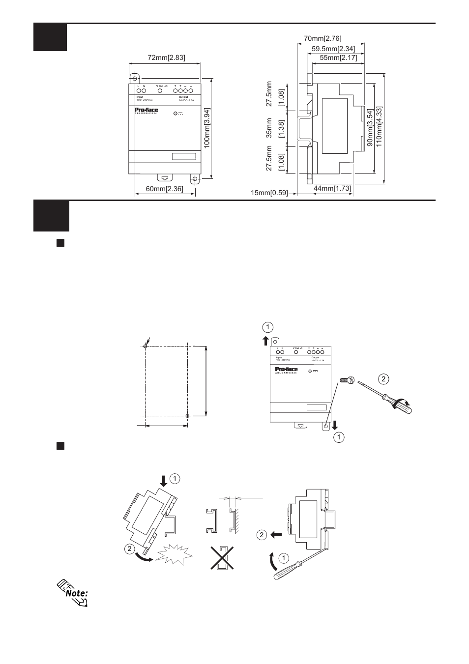 Dimensions 1 installation 2, Direct panel installation, Din rail installation | Unit: mm [in.] unit: mm[in.] unit: mm [in, Installation removal 100 | Proface LT3200 - 3.8 All-in-One HMI" User Manual | Page 3 / 4