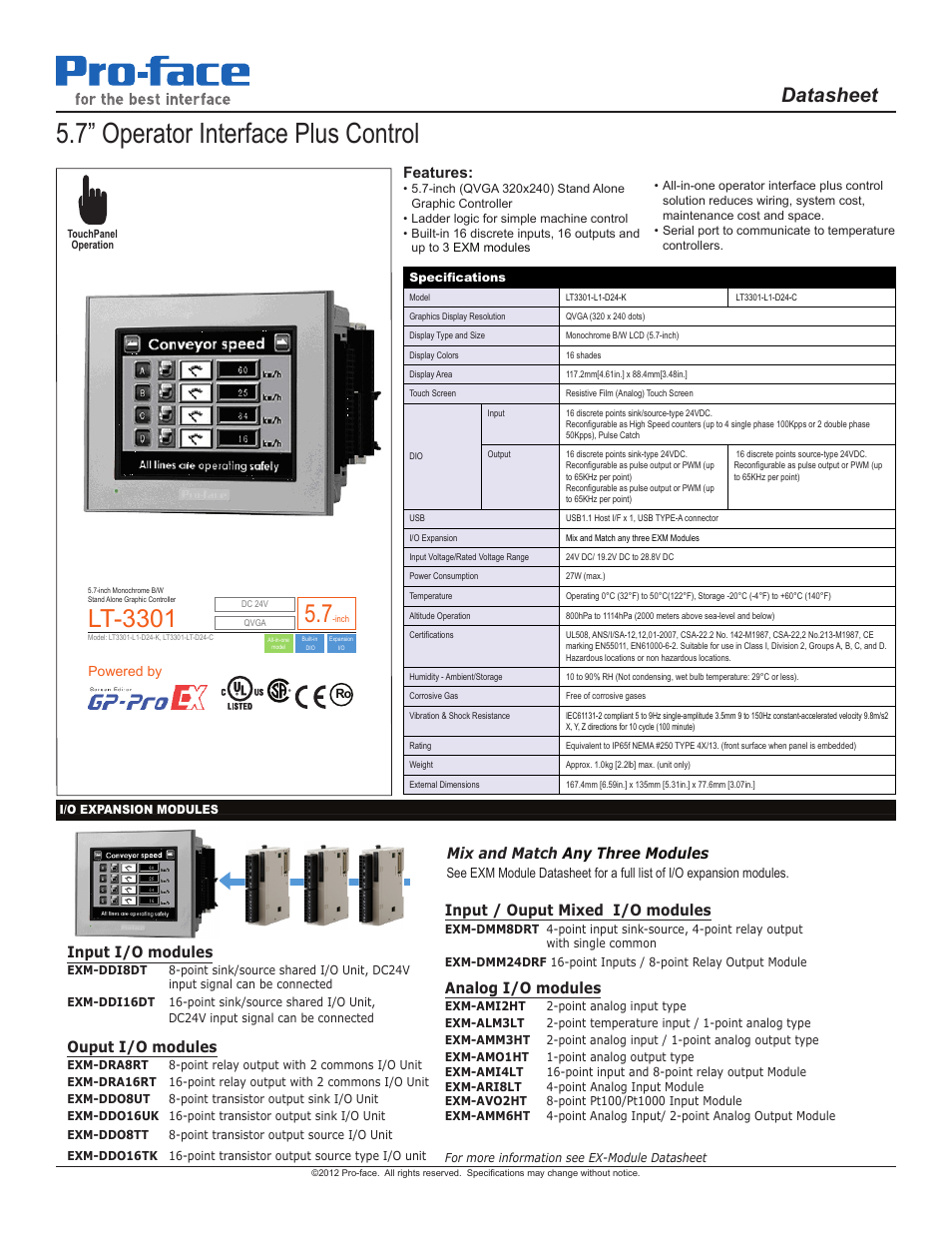 Proface LT3300 - 5.7 All-in-One HMI" User Manual | 2 pages