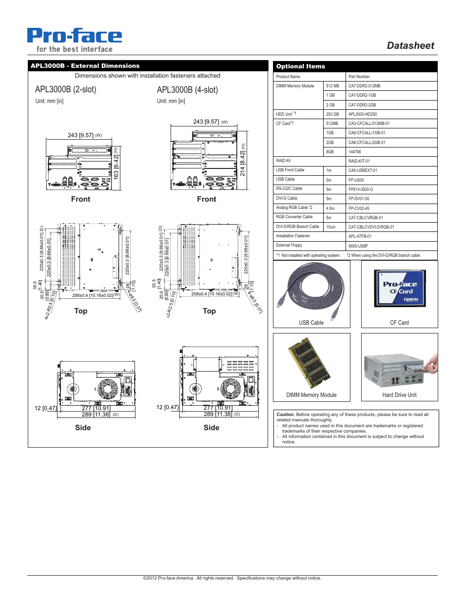 Datasheet, Side, Side top top front front | Proface APL3000B - Node Box PC User Manual | Page 2 / 3