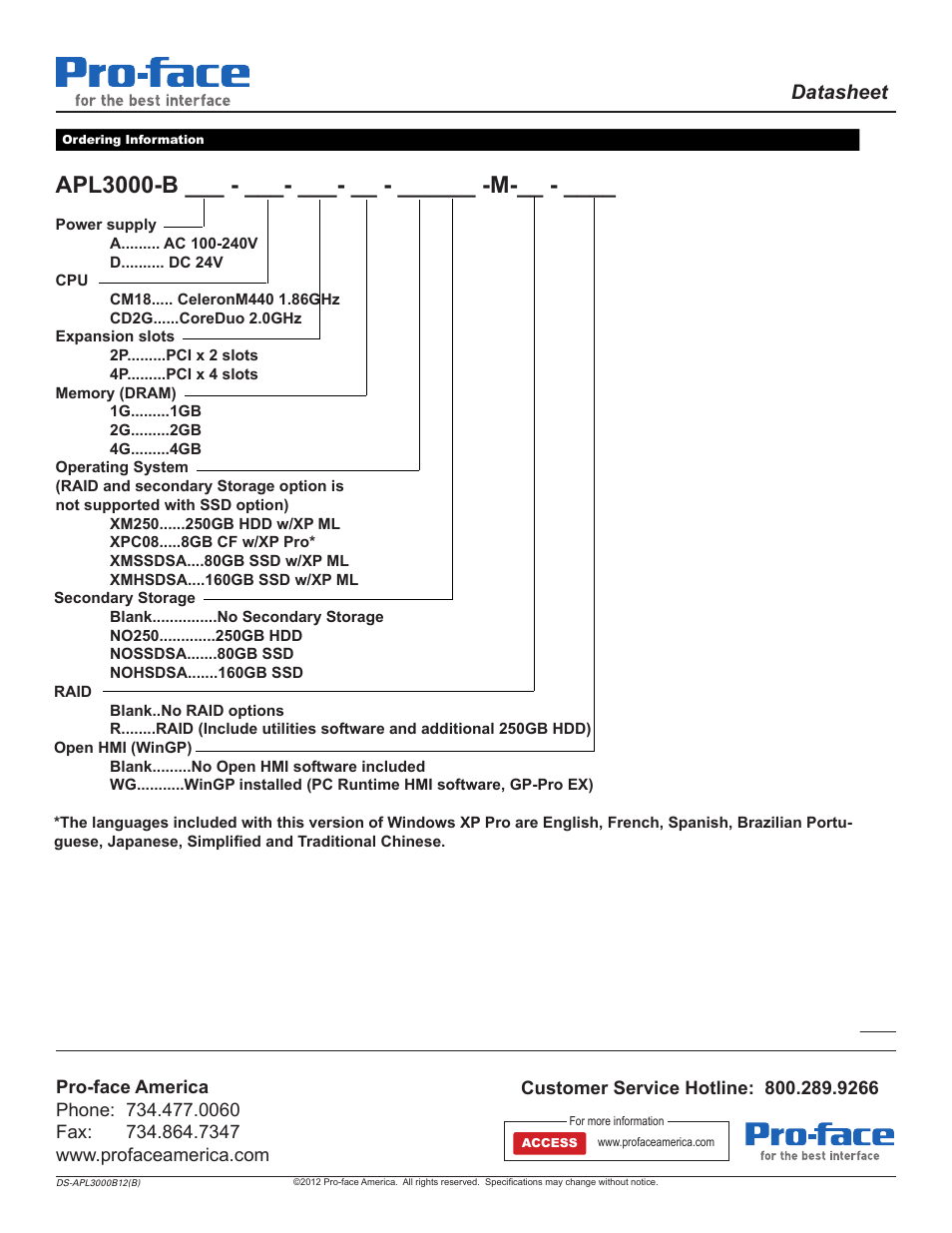 Apl3000-b ___ - ___- ___- __ - ______ -m, Datasheet | Proface APL3000B - Node Box PC User Manual | Page 3 / 3