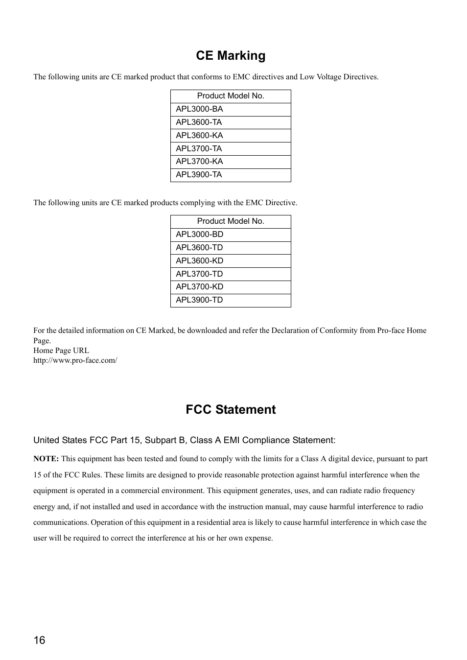 Ce marking, Fcc statement | Proface APL3000B - Node Box PC User Manual | Page 17 / 151