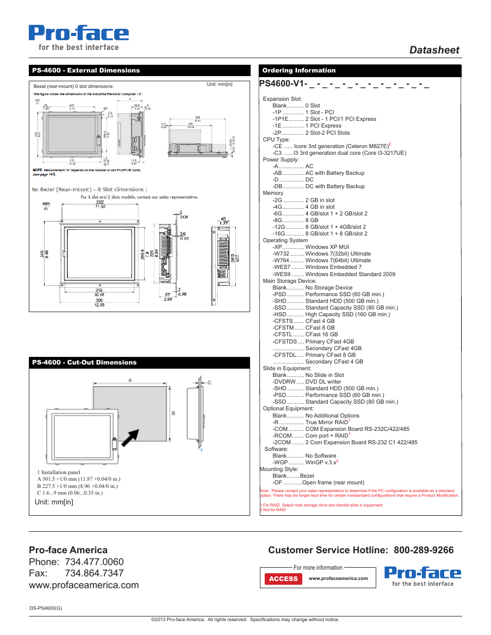 Datasheet, Unit: mm[in | Proface PS4600 - 12 Panel PC" User Manual | Page 2 / 2