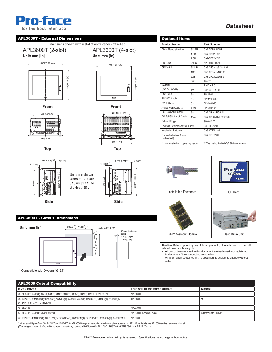 Datasheet, Side, Side top top front front | Proface APL3600 - 12.1 Panel PC" User Manual | Page 2 / 3