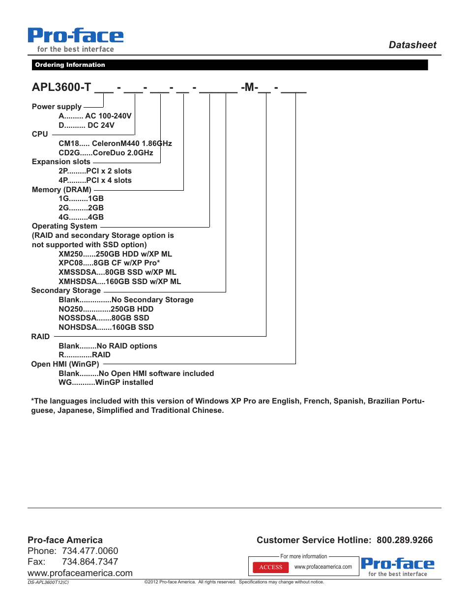 Apl3600-t ___ - ___- ___- __ - ______ -m, Datasheet | Proface APL3600 - 12.1 Panel PC" User Manual | Page 3 / 3