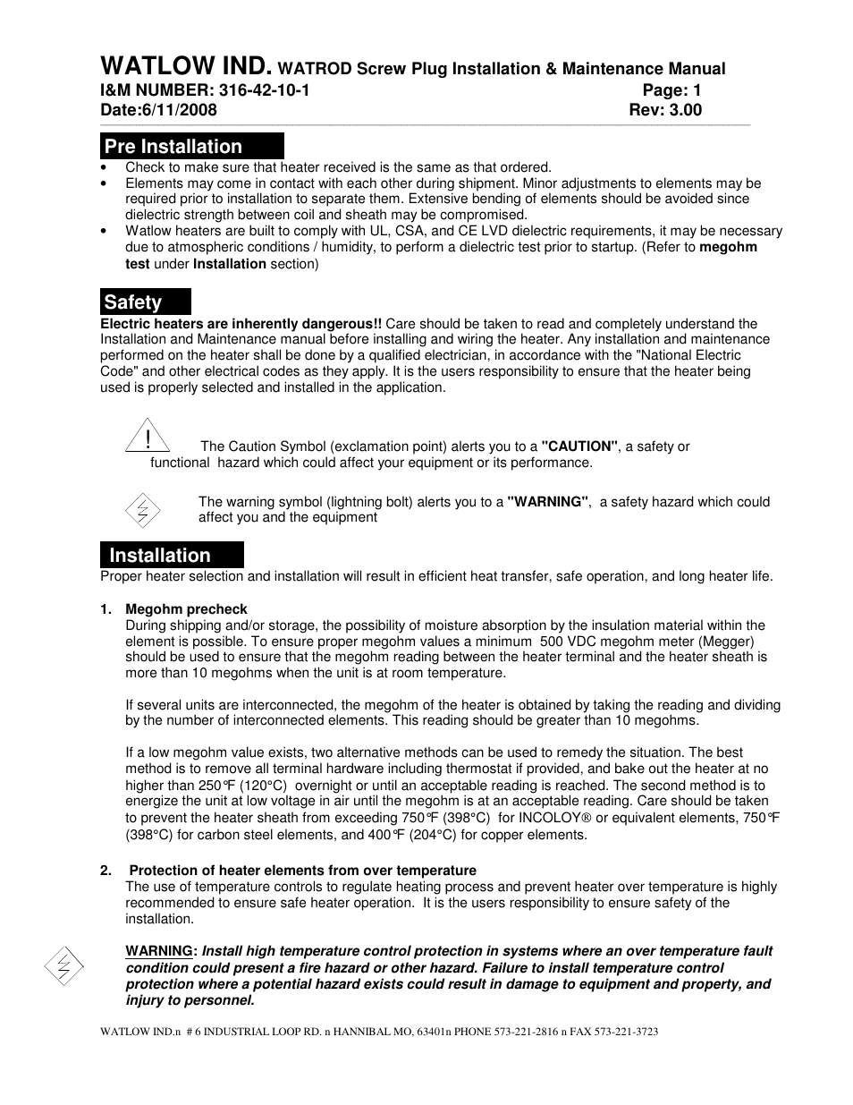 Watlow WATROD Screw Plug User Manual | 6 pages