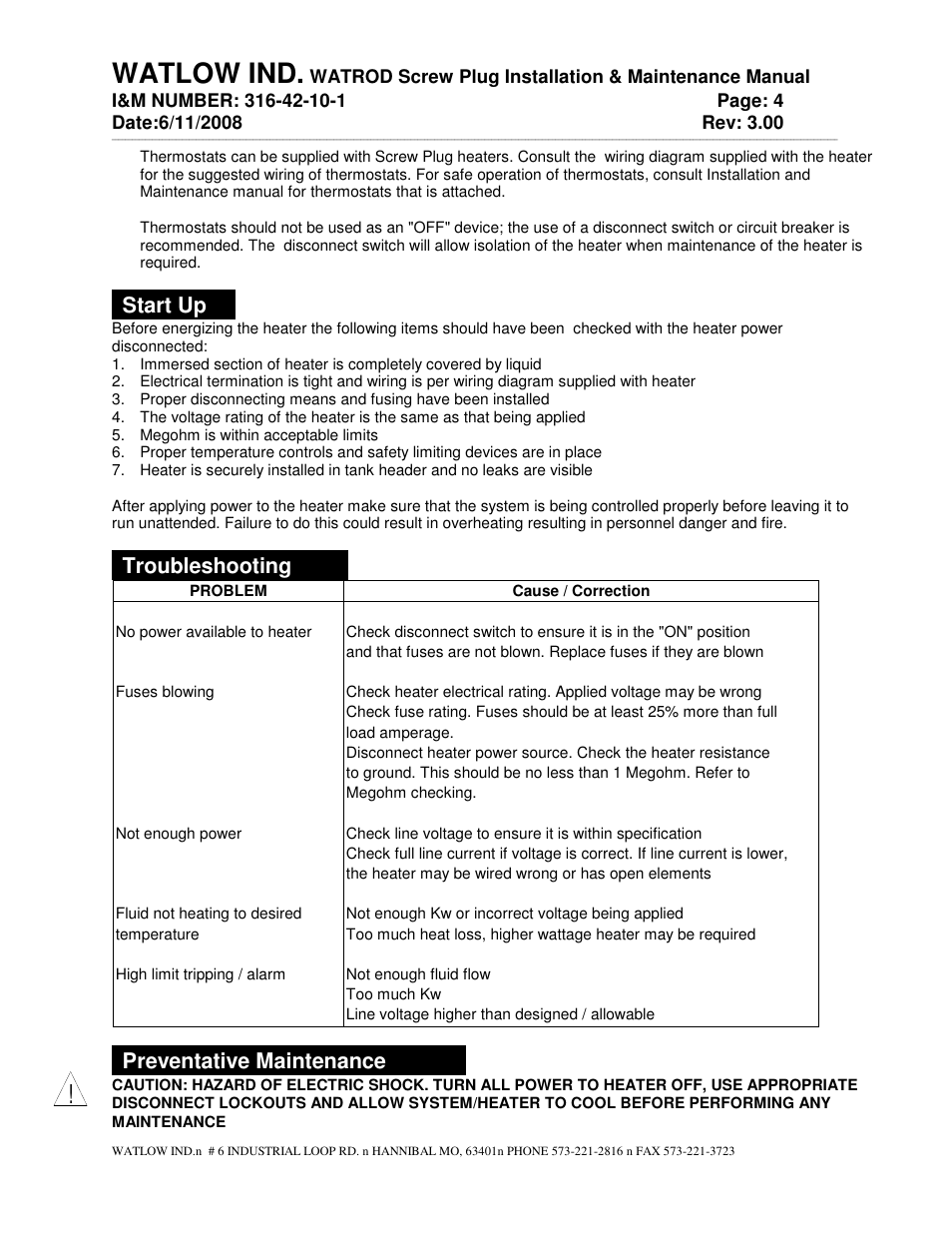 Watlow ind, Start up, Troubleshooting | Preventative maintenance | Watlow WATROD Screw Plug User Manual | Page 4 / 6