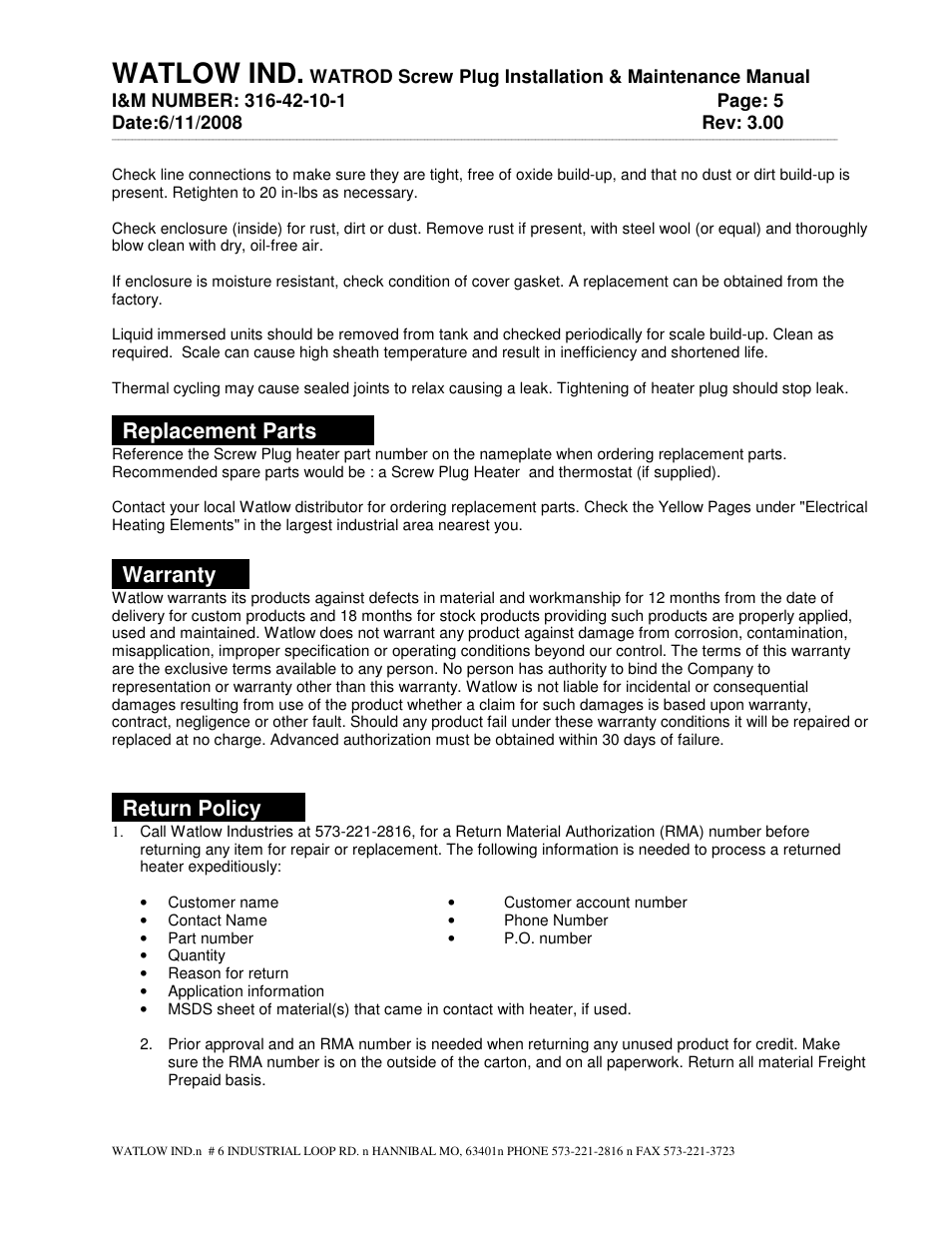 Watlow ind, Replacement parts, Warranty | Return policy | Watlow WATROD Screw Plug User Manual | Page 5 / 6