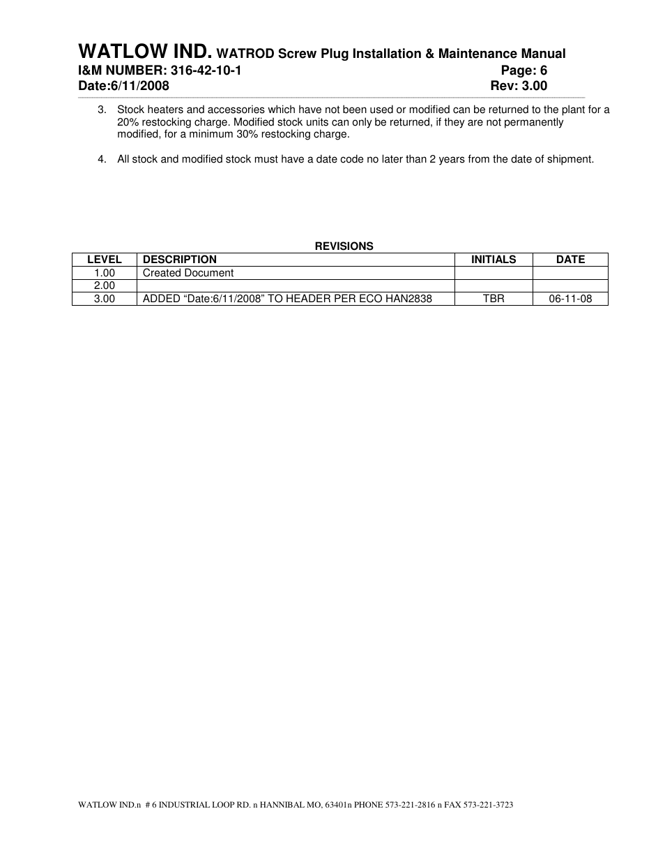 Watlow ind | Watlow WATROD Screw Plug User Manual | Page 6 / 6