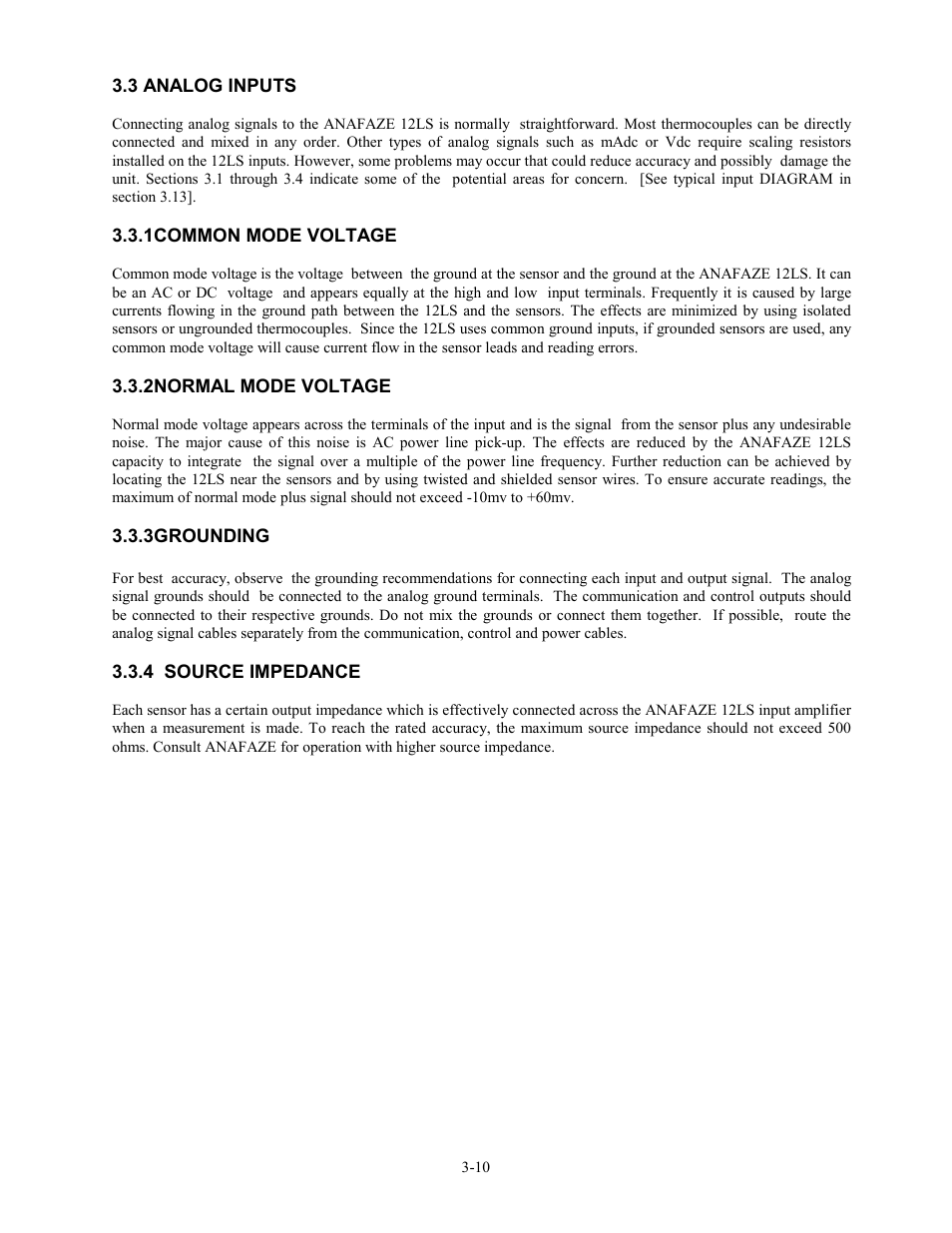 3 analog inputs, 1common mode voltage, 2normal mode voltage | 3grounding, 4 source impedance, 3 analog inputs -10 | Watlow 12LS Controller User Manual | Page 24 / 111