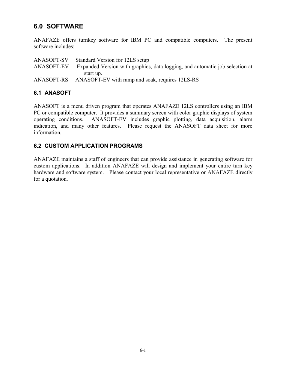 0 software, 1 anasoft, 2 custom application programs | 0 software -1, 1 anasoft -1 6.2 custom application programs -1 | Watlow 12LS Controller User Manual | Page 98 / 111