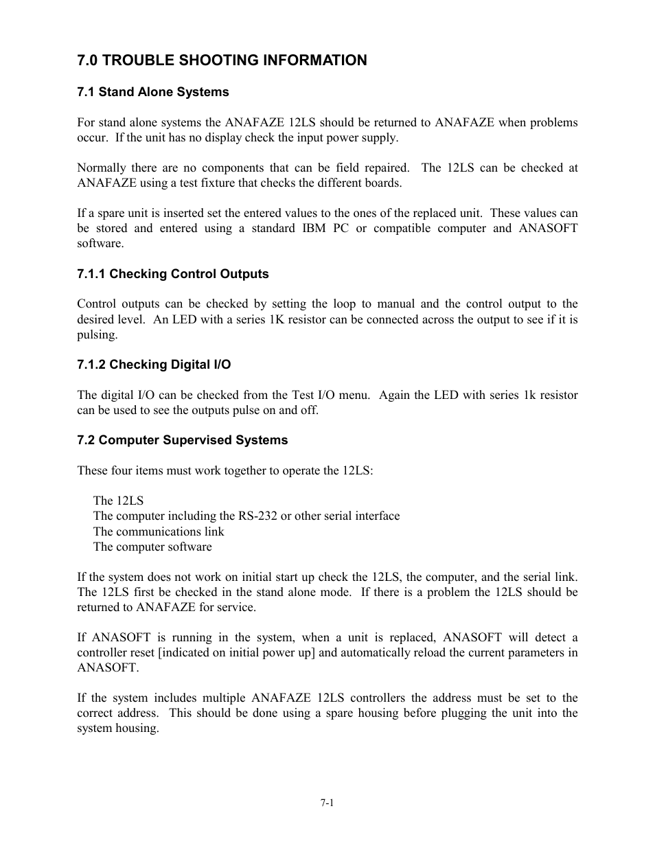 0 trouble shooting information, 1 stand alone systems, 1 checking control outputs | 2 checking digital i/o, 2 computer supervised systems, 0 trouble shooting information -1, 1 stand alone systems -1, 2 computer supervised systems -1 | Watlow 12LS Controller User Manual | Page 99 / 111