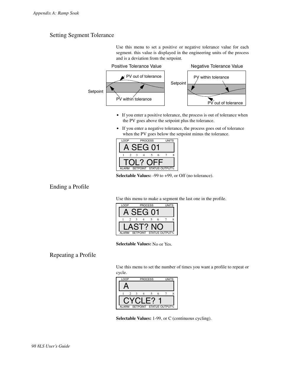 Setting segment tolerance, Ending a profile, Repeating a profile | A seg 01 tol? off, A seg 01 last? no, Acycle? 1 | Watlow 8LS Controller User Manual | Page 106 / 140