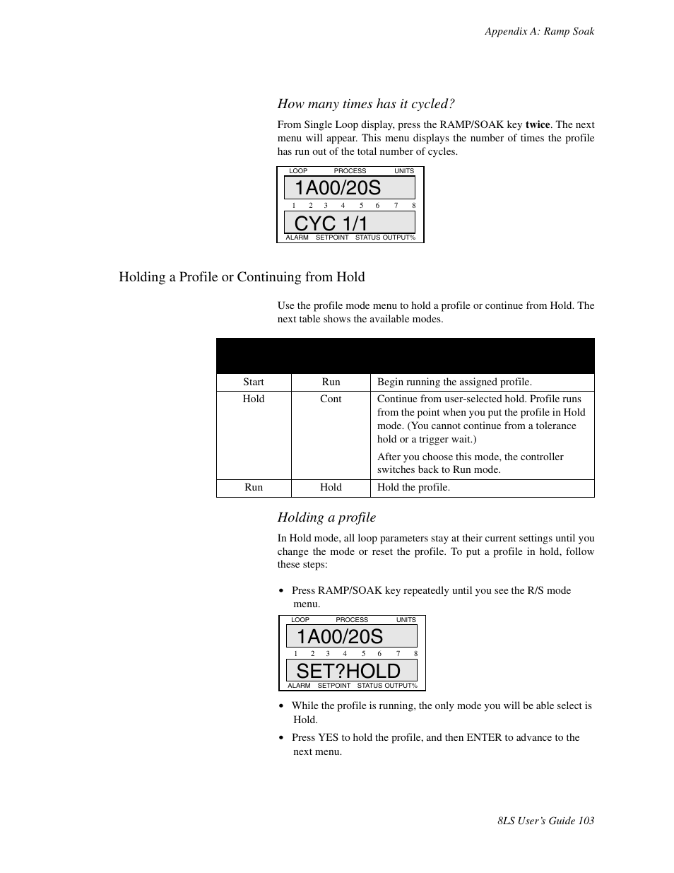 Holding a profile or continuing from hold, How many times has it cycled, Holding a profile | Watlow 8LS Controller User Manual | Page 111 / 140
