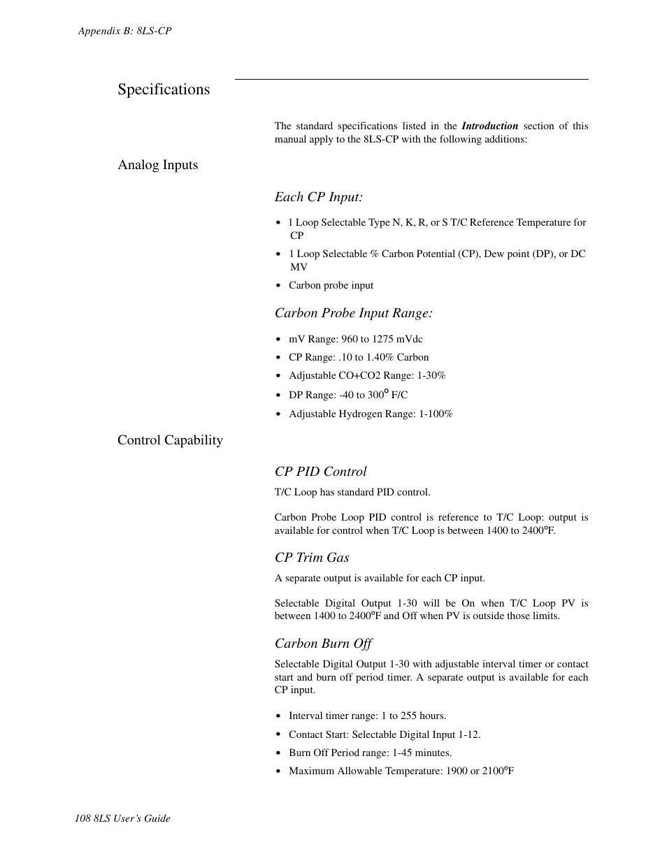 Specifications, Analog inputs, Control capability | Watlow 8LS Controller User Manual | Page 116 / 140