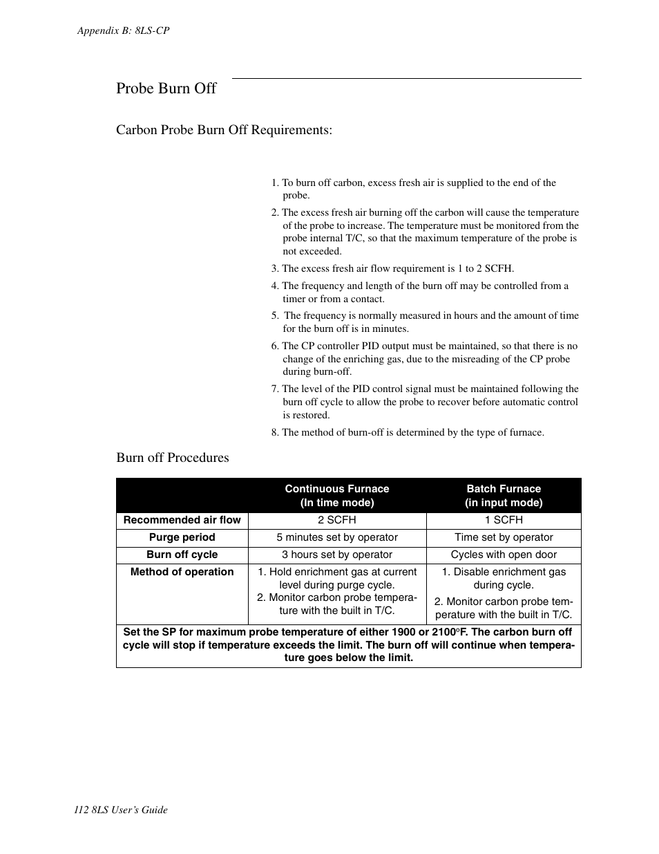 Probe burn off, Carbon probe burn off requirements, Burn off procedures | Watlow 8LS Controller User Manual | Page 120 / 140