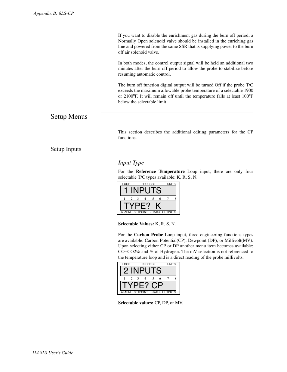 Setup menus, Setup inputs, 1 inputs type? k | 2 inputs type? cp, Setup inputs input type | Watlow 8LS Controller User Manual | Page 122 / 140