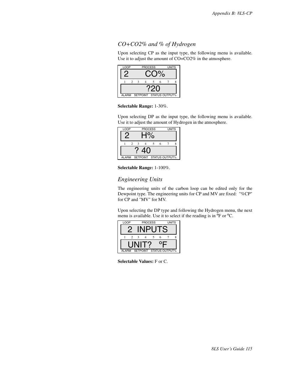 2 co% ?20, 2 h% ? 40, 2 inputs unit? ºf | Co+co2% and % of hydrogen, Engineering units | Watlow 8LS Controller User Manual | Page 123 / 140
