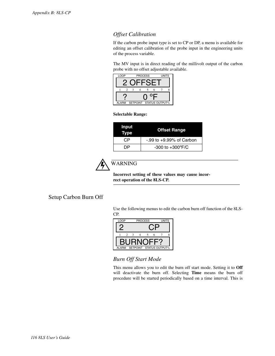 Setup carbon burn off, 2 offset ? 0 ºf, 2 cp burnoff | Offset calibration, Burn off start mode, Warning | Watlow 8LS Controller User Manual | Page 124 / 140