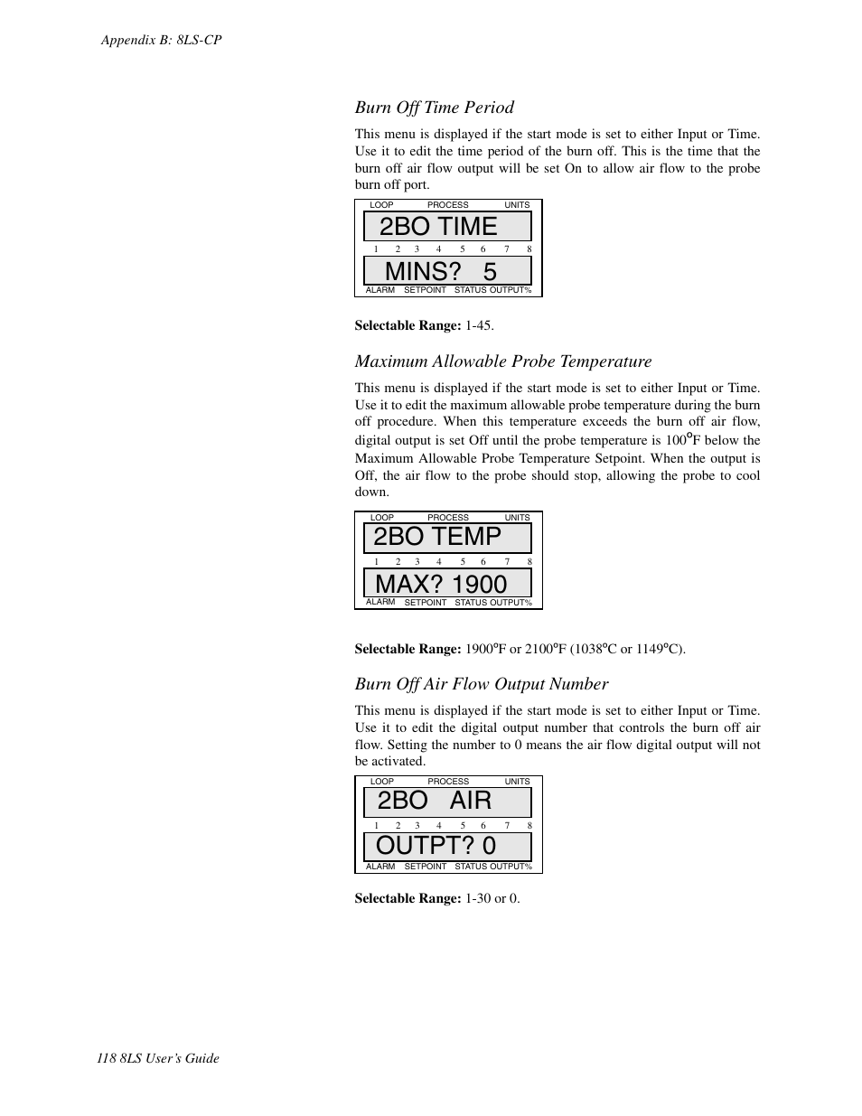 2bo time mins? 5, 2bo air outpt? 0, Burn off time period | Maximum allowable probe temperature, Burn off air flow output number | Watlow 8LS Controller User Manual | Page 126 / 140