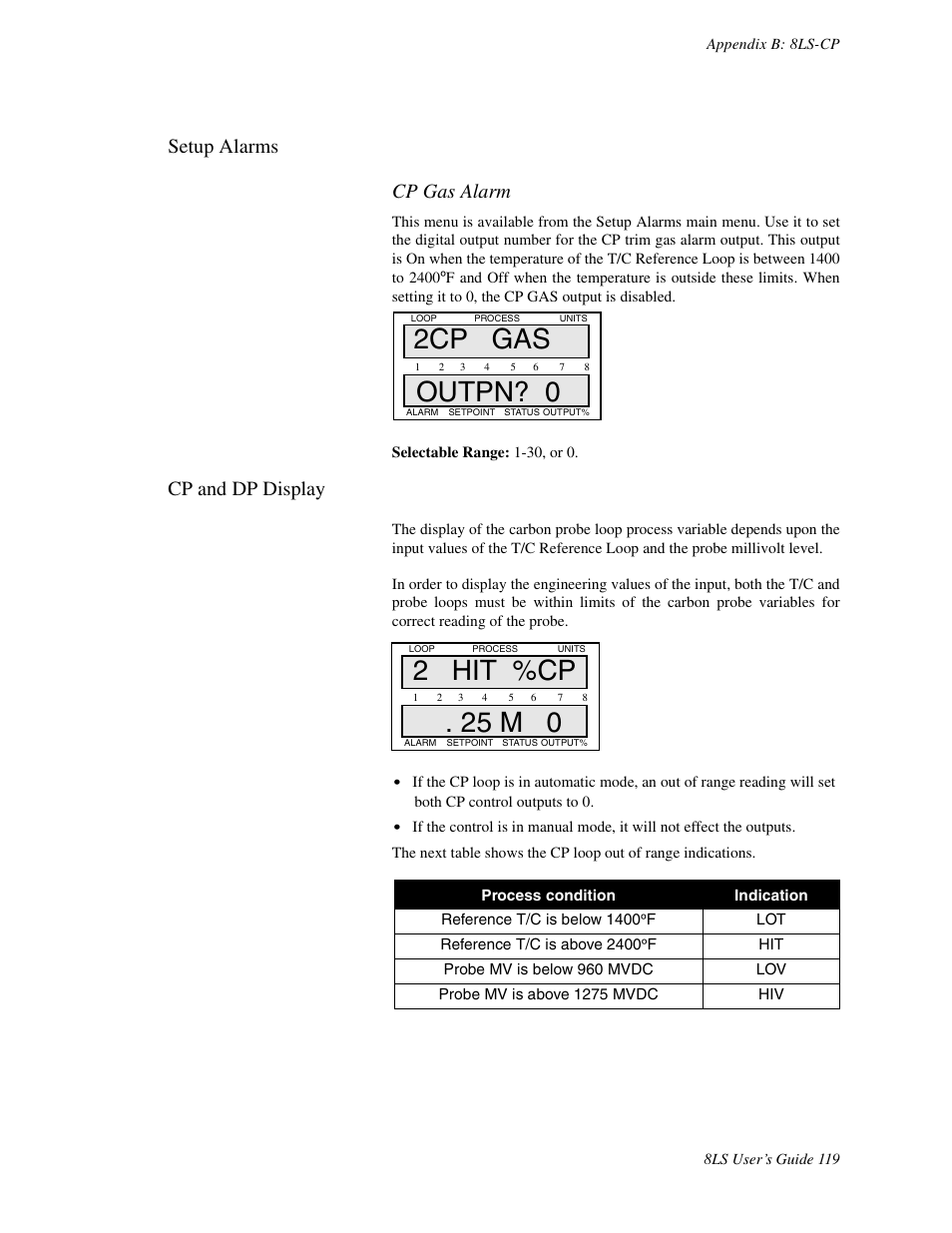 Setup alarms, Cp and dp display, 2cp gas outpn? 0 | 2 hit %cp . 25 m 0, Setup alarms cp gas alarm | Watlow 8LS Controller User Manual | Page 127 / 140