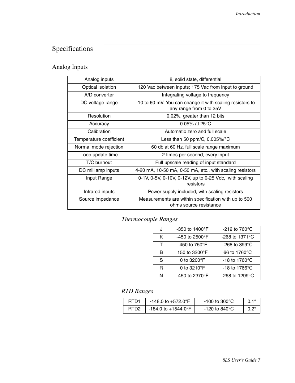 Specifications, Analog inputs, Analog inputs thermocouple ranges rtd ranges | Watlow 8LS Controller User Manual | Page 15 / 140