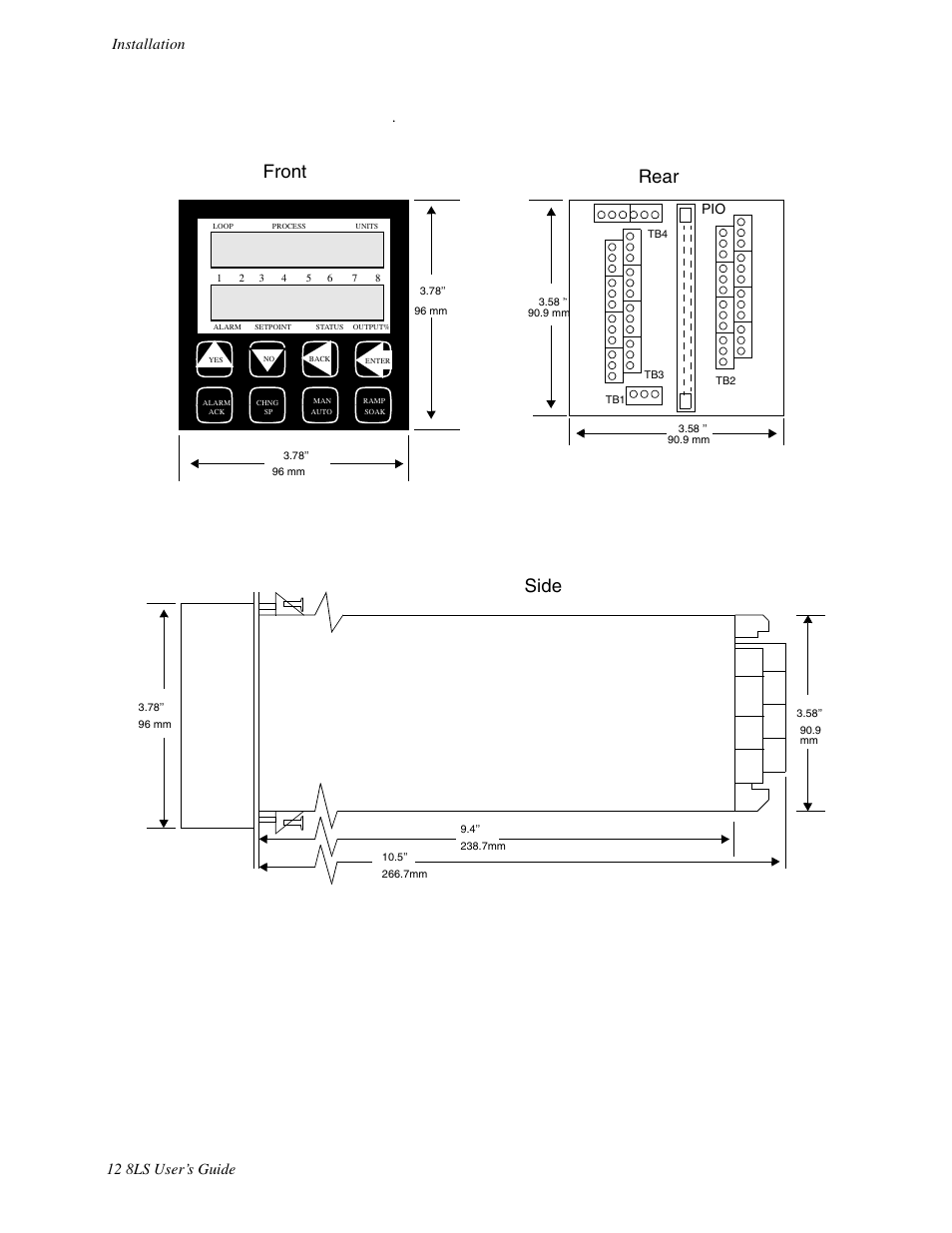 Front, Rear, Side | 12 8ls user’s guide installation | Watlow 8LS Controller User Manual | Page 20 / 140