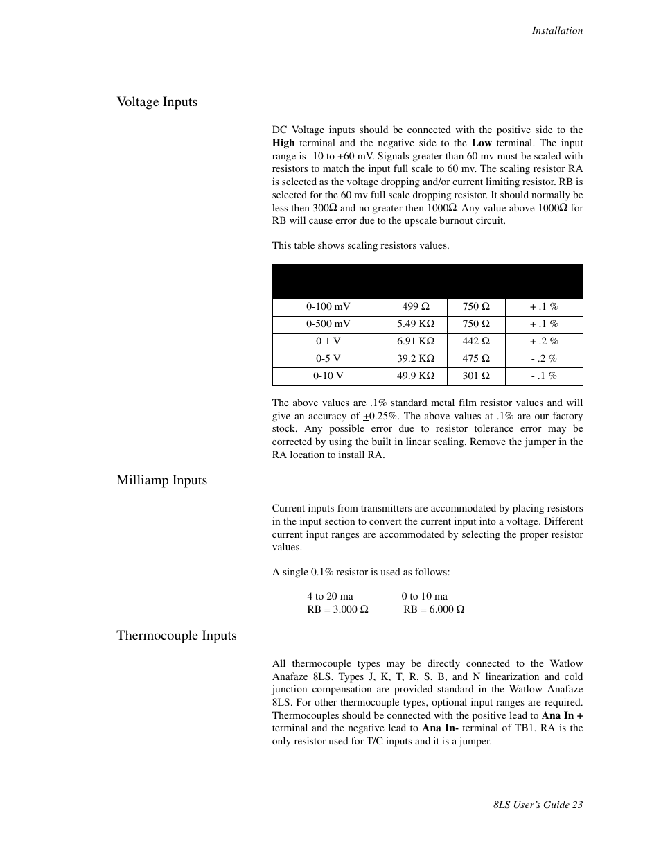 Voltage inputs, Milliamp inputs, Thermocouple inputs | Watlow 8LS Controller User Manual | Page 31 / 140