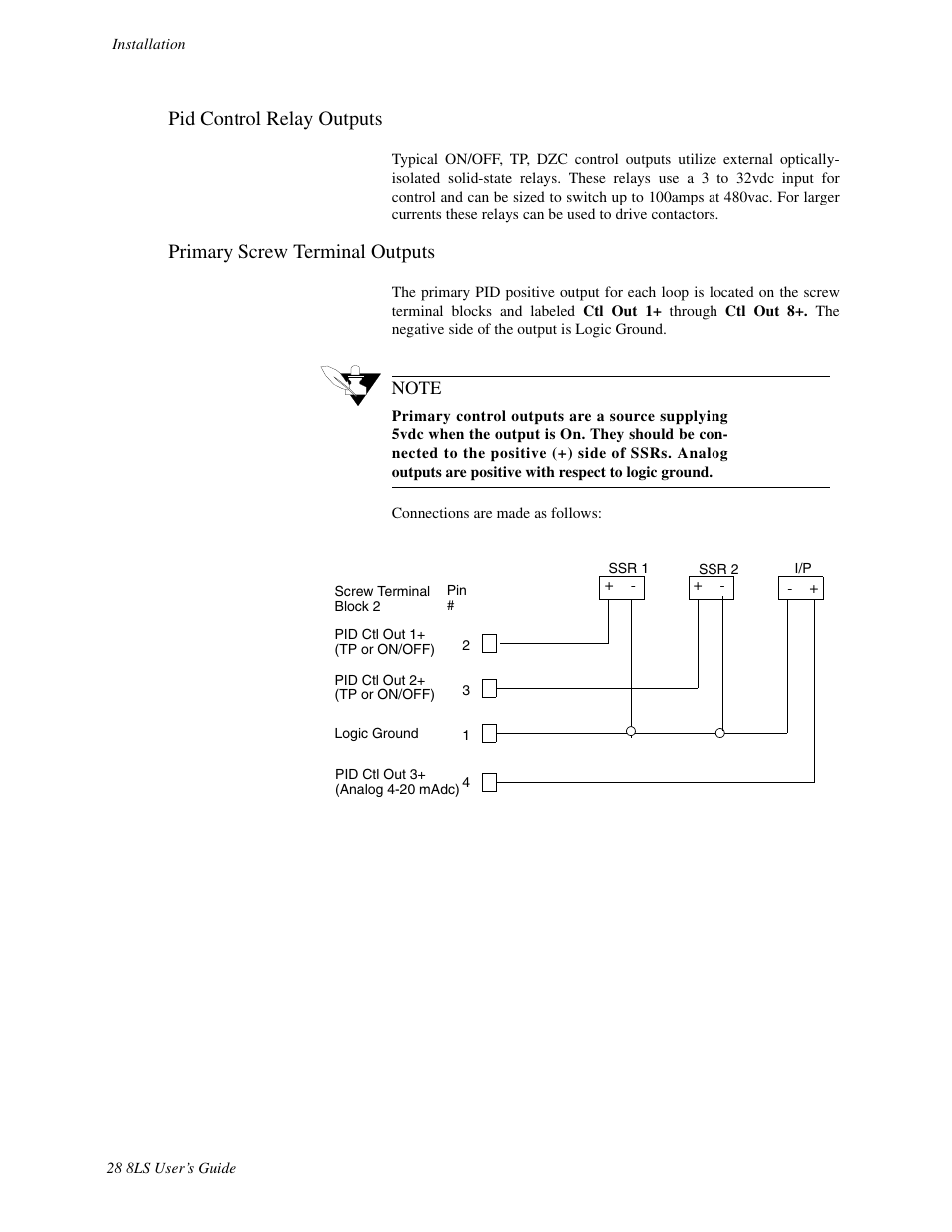 Pid control relay outputs, Primary screw terminal outputs | Watlow 8LS Controller User Manual | Page 36 / 140