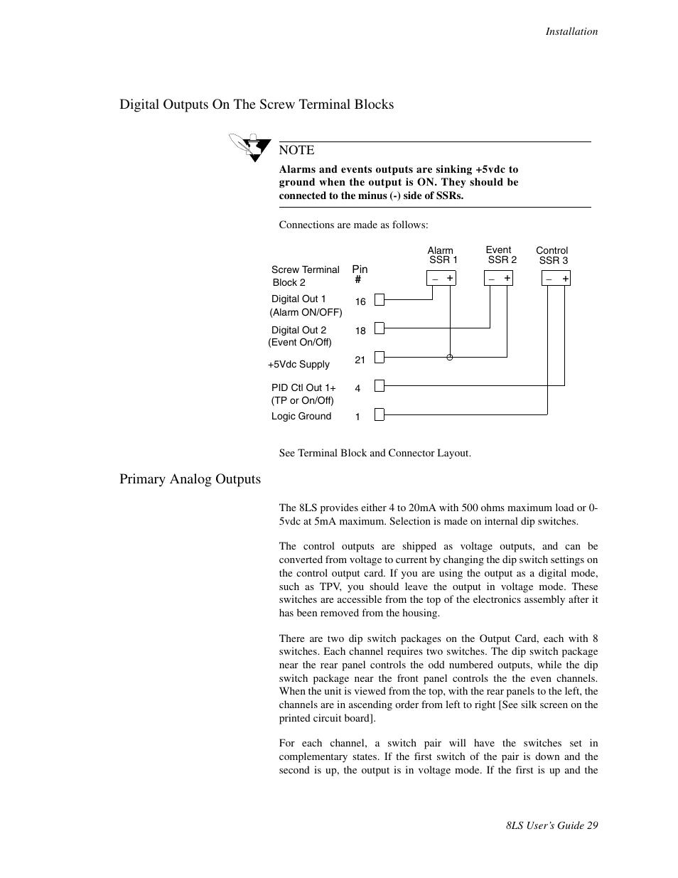 Digital outputs on the screw terminal blocks, Primary analog outputs | Watlow 8LS Controller User Manual | Page 37 / 140