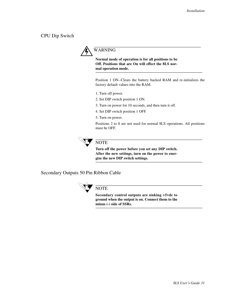 Cpu dip switch, Secondary outputs 50 pin ribbon cable | Watlow 8LS Controller User Manual | Page 39 / 140