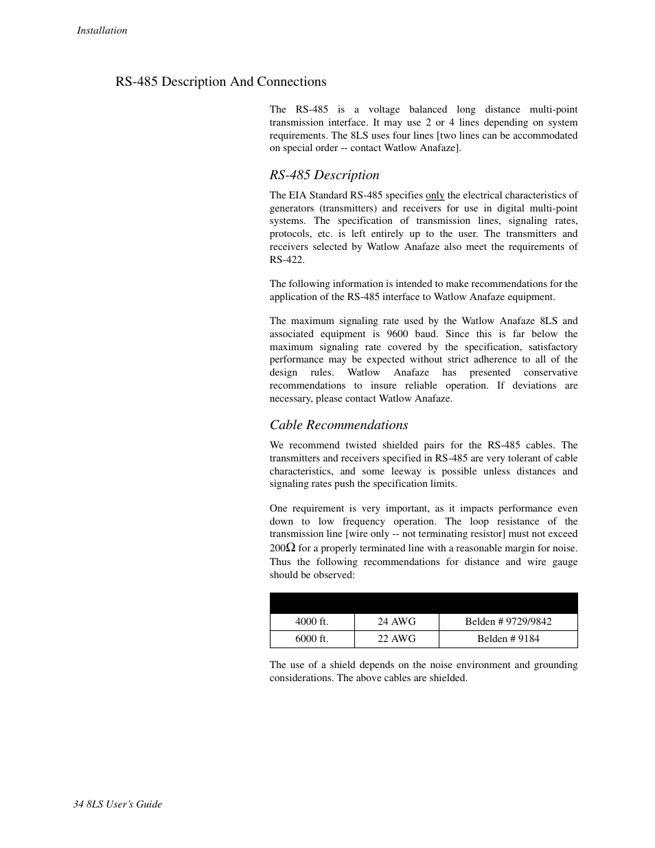 Rs-485 description and connections, Rs-485 description, Cable recommendations | Watlow 8LS Controller User Manual | Page 42 / 140