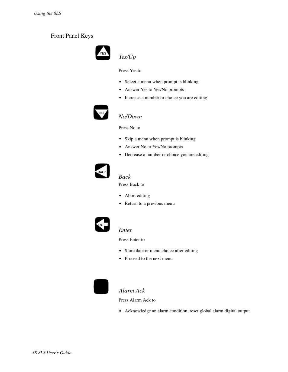 Front panel keys, Yes/up, No/down | Back, Enter, Alarm ack | Watlow 8LS Controller User Manual | Page 46 / 140