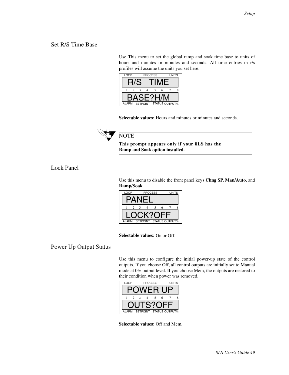 Set r/s time base, Lock panel, Power up output status | R/s time base?h/m, Panel lock?off, Power up outs?off | Watlow 8LS Controller User Manual | Page 57 / 140