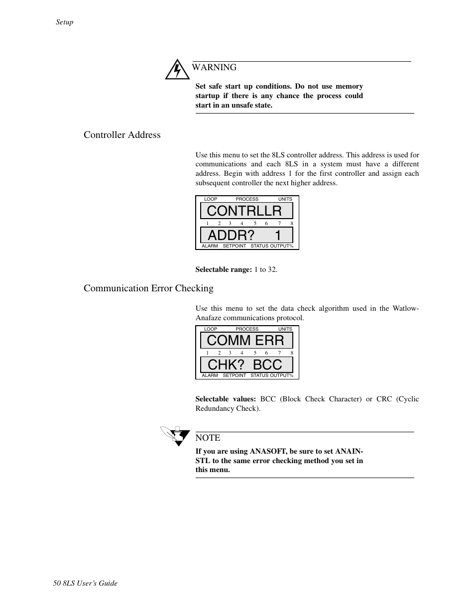 Controller address, Communication error checking, Contrllr addr? 1 | Comm err chk? bcc, Warning | Watlow 8LS Controller User Manual | Page 58 / 140