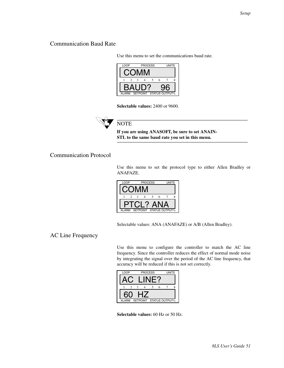 Communication baud rate, Communication protocol, Ac line frequency | Comm baud? 96, Comm ptcl? ana, Ac line? 60 hz | Watlow 8LS Controller User Manual | Page 59 / 140