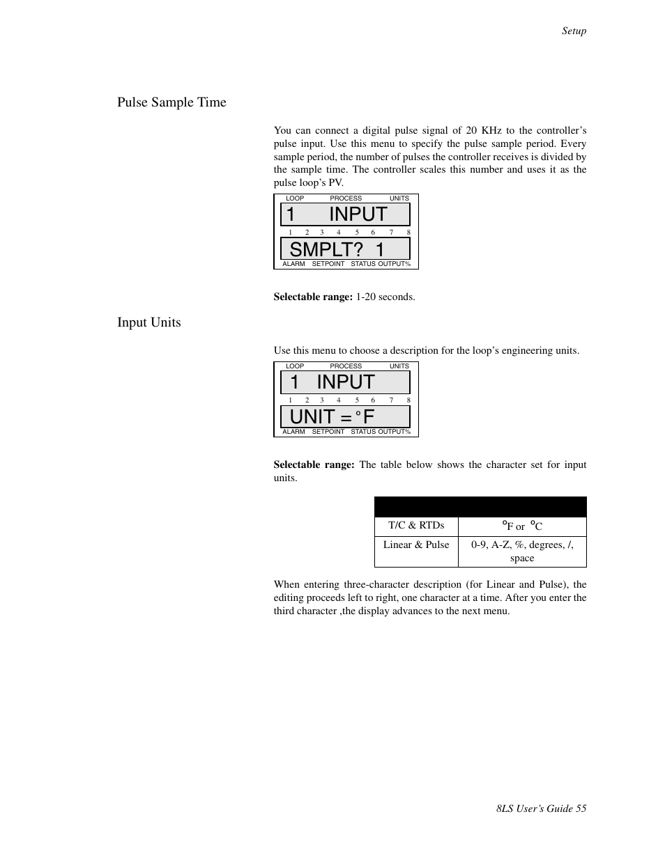 Pulse sample time, Input units, 1 input smplt? 1 | 1 input unit = f | Watlow 8LS Controller User Manual | Page 63 / 140