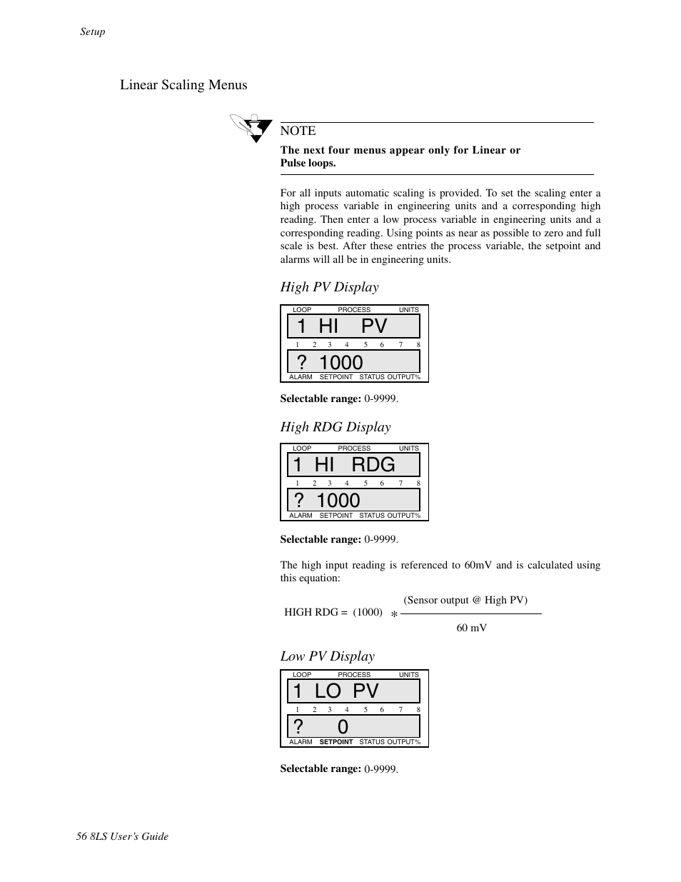 Linear scaling menus, 1 lo pv ? 0, High pv display | High rdg display, Low pv display | Watlow 8LS Controller User Manual | Page 64 / 140