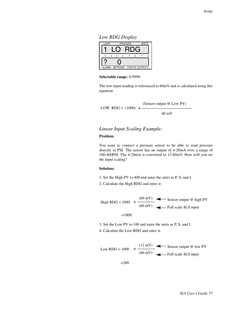 1 lo rdg ? 0, Low rdg display, Linear input scaling example | Watlow 8LS Controller User Manual | Page 65 / 140