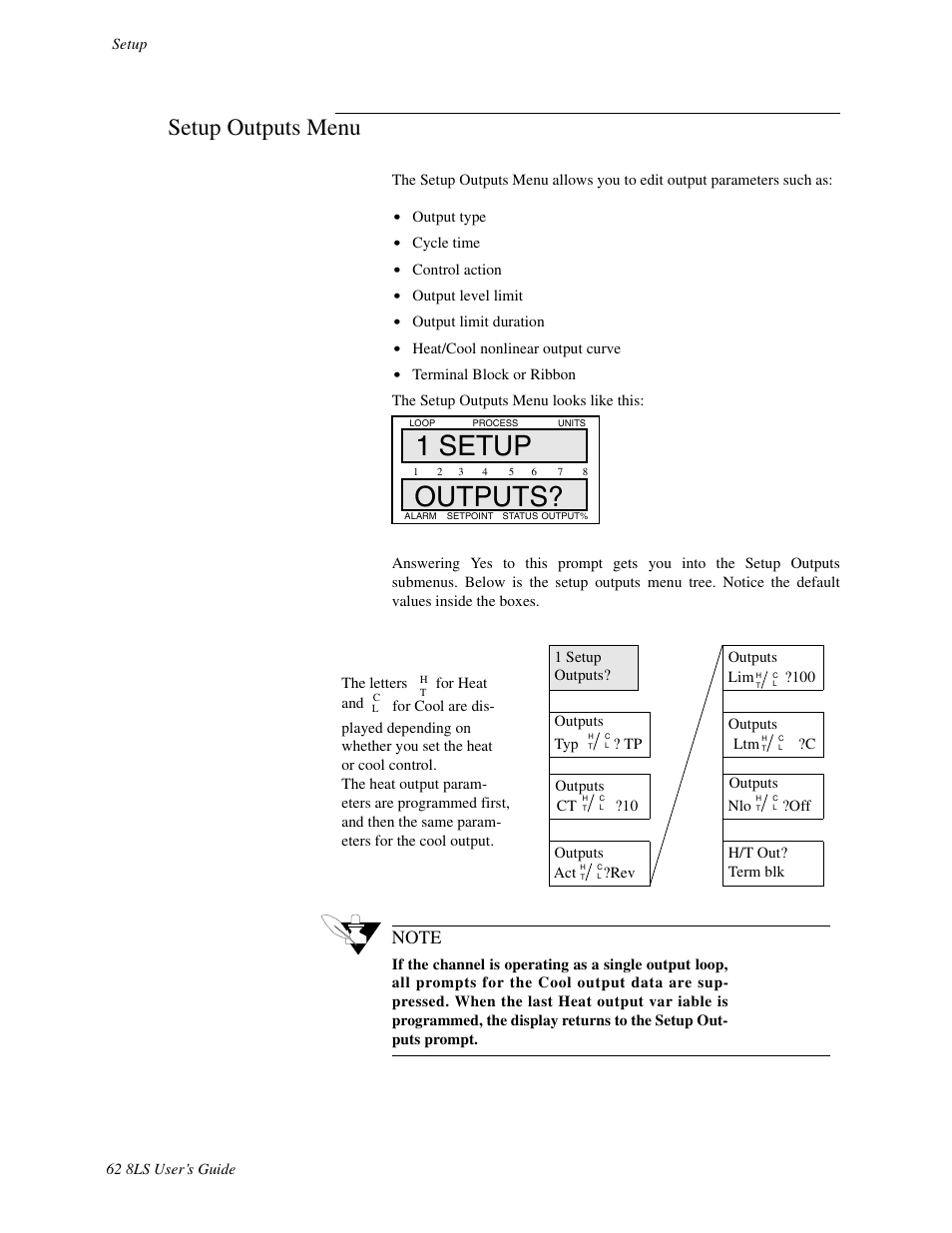 Setup output menu, 1 setup outputs, Setup outputs menu | Watlow 8LS Controller User Manual | Page 70 / 140