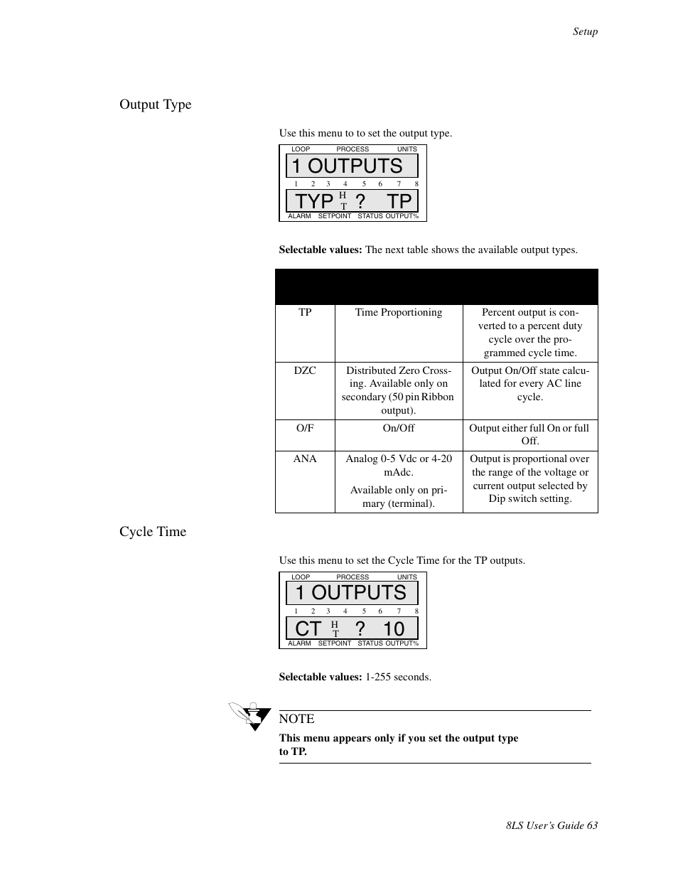 Output type, Cycle time, 1 outputs typ | 1 outputs ct ? 10 | Watlow 8LS Controller User Manual | Page 71 / 140