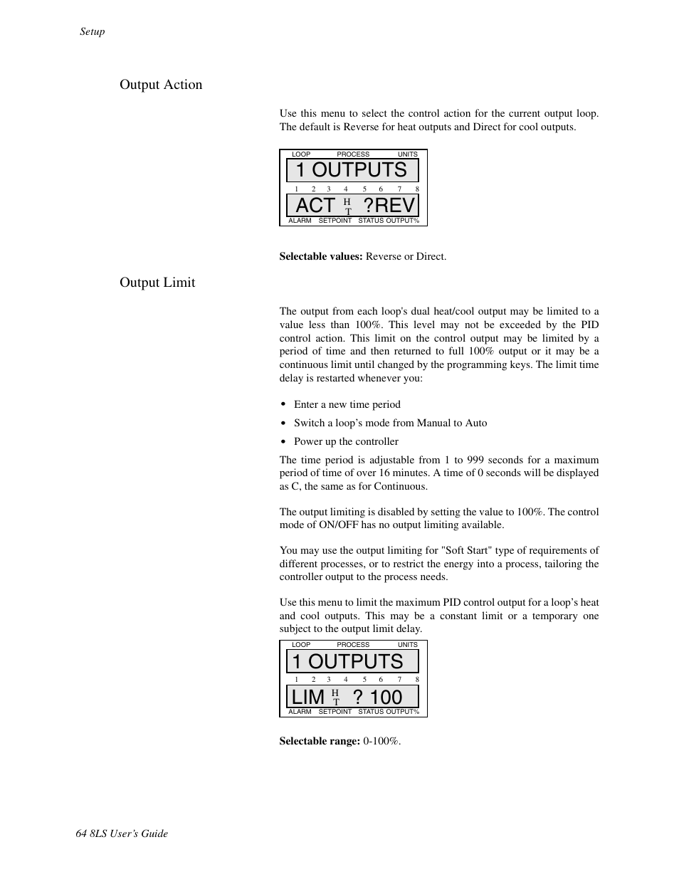 Output action, Output limit, 1 outputs act ?rev | 1 outputs lim ? 100 | Watlow 8LS Controller User Manual | Page 72 / 140