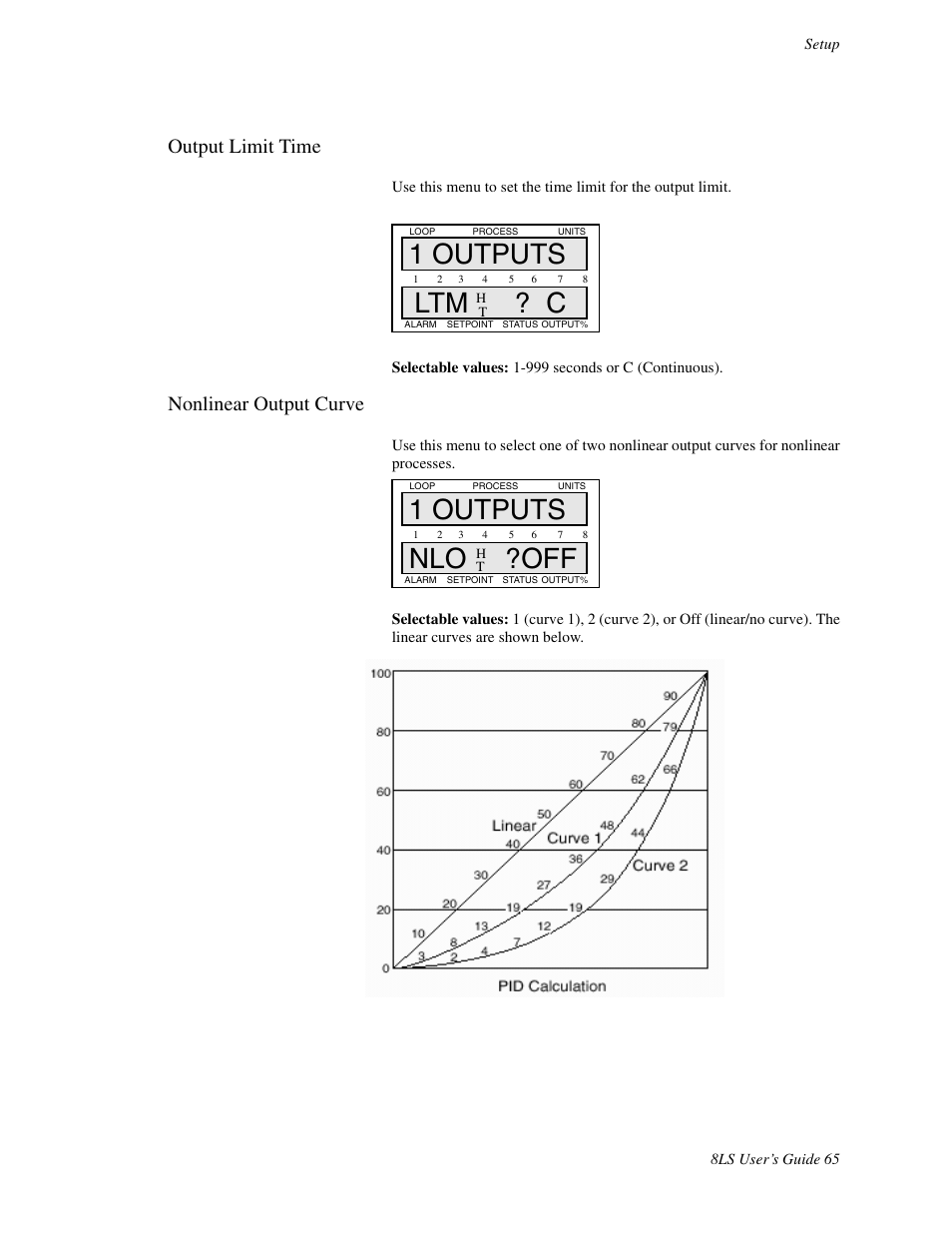Output limit time, Nonlinear output curve, 1 outputs ltm ? c | 1 outputs nlo ?off | Watlow 8LS Controller User Manual | Page 73 / 140